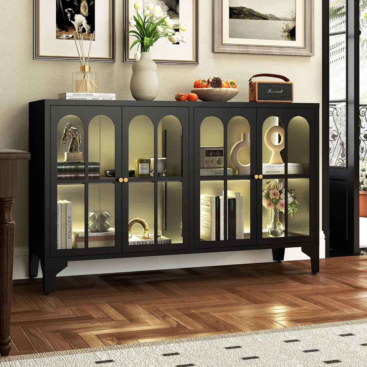 Foreate Sideboard Buffet Cabinet with Glass Door & LED Light, 53.2" Large Buffet Cabinet with Storage & Adjustable Shelf, Farmhouse Sideboard Credenzas Metal Kitchen Buffet, Black