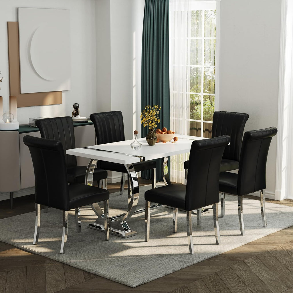 ACEDÉCOR Modern Dining Chairs Set of 4, Black Leather Dining Room Chairs with Silver Stainless Steel Legs, Upholstered Chairs with High Back and Metal Chrome Legs for Kitchen/Living Room/Restaurant