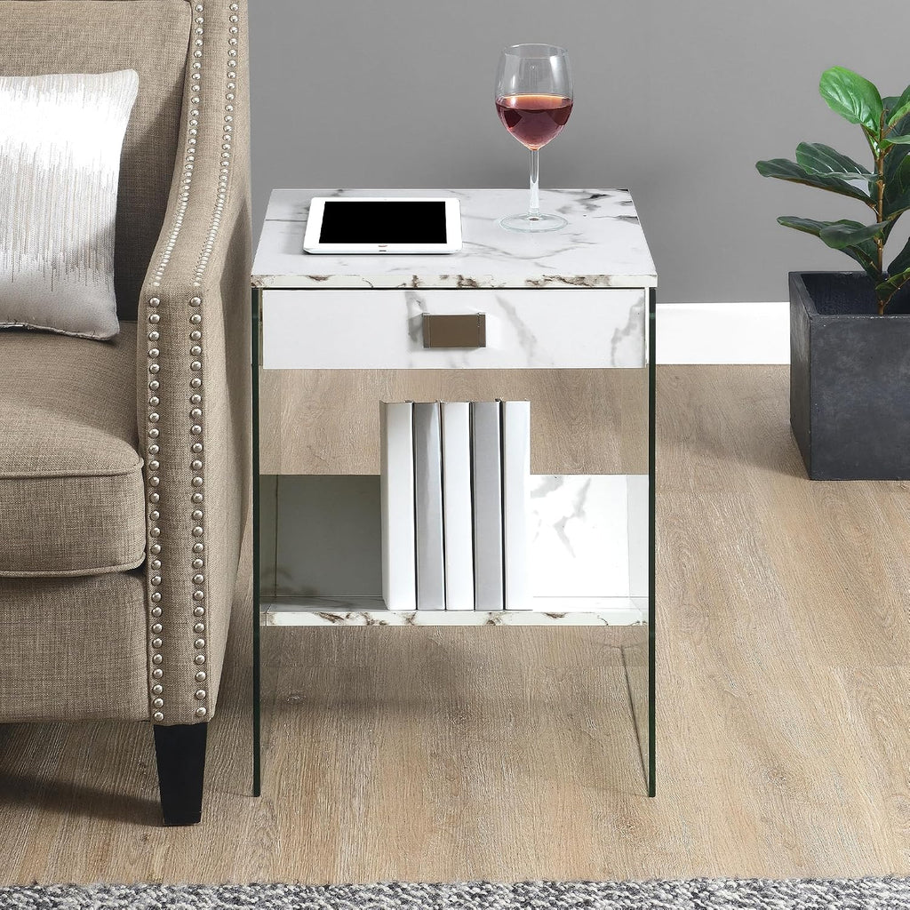 Convenience Concepts SoHo 1 Drawer Glass End Table 18" - 2 Tier Modern, Contemporary Square Side Accent with Storage Shelf for Living or Family Room, White Faux Marble