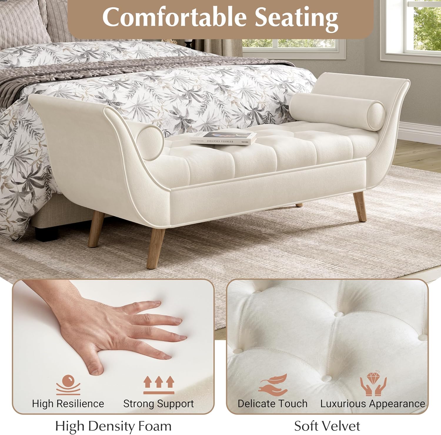 Setawix Velvet Upholstered Ottoman Bench with Flared Arms,Button Tufted Footstool Ottomans for Living Room Bedroom,Modern Rolled Arm Bed End Benches with Seating for Entryway,Window (Velvet Beige)