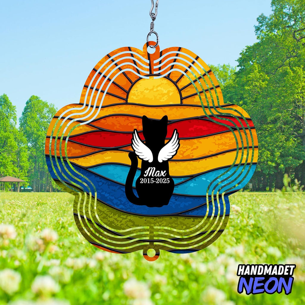 Personalized Cat Memorial Wind Spinner Metal Outdoor Art, Custom Rainbow Angel Wings 3D Kinetic Sculpture, Ornament Hanging Pet Sympathy Gifts for Cats