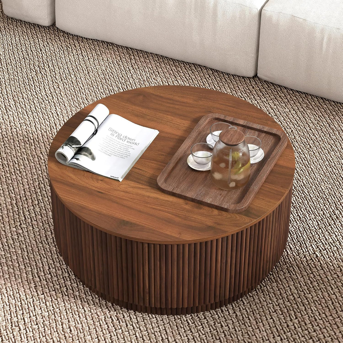 31.5" Round Coffee Table with Storage, Mid Century Modern Coffee Tables with Fluted Base, Wooden Circle Accent Center Table for Living Room Small Space Apartment Office (Walnut)