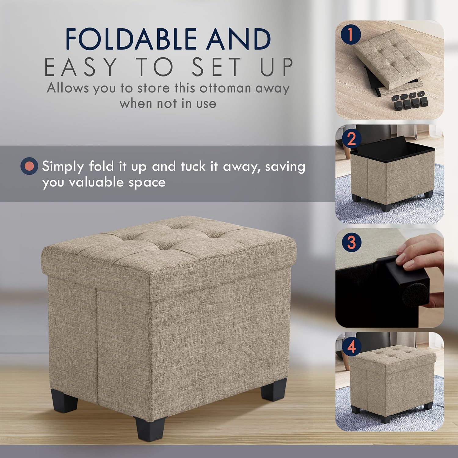 Ornavo Home Small Rectangle Storage Ottoman with Legs, 12x16x12, Tan/Taupe | Foot Rest Stool Seat; Holds Up to 600 lbs; Ideal for Living Room, Bedroom, Home Office or Dorm