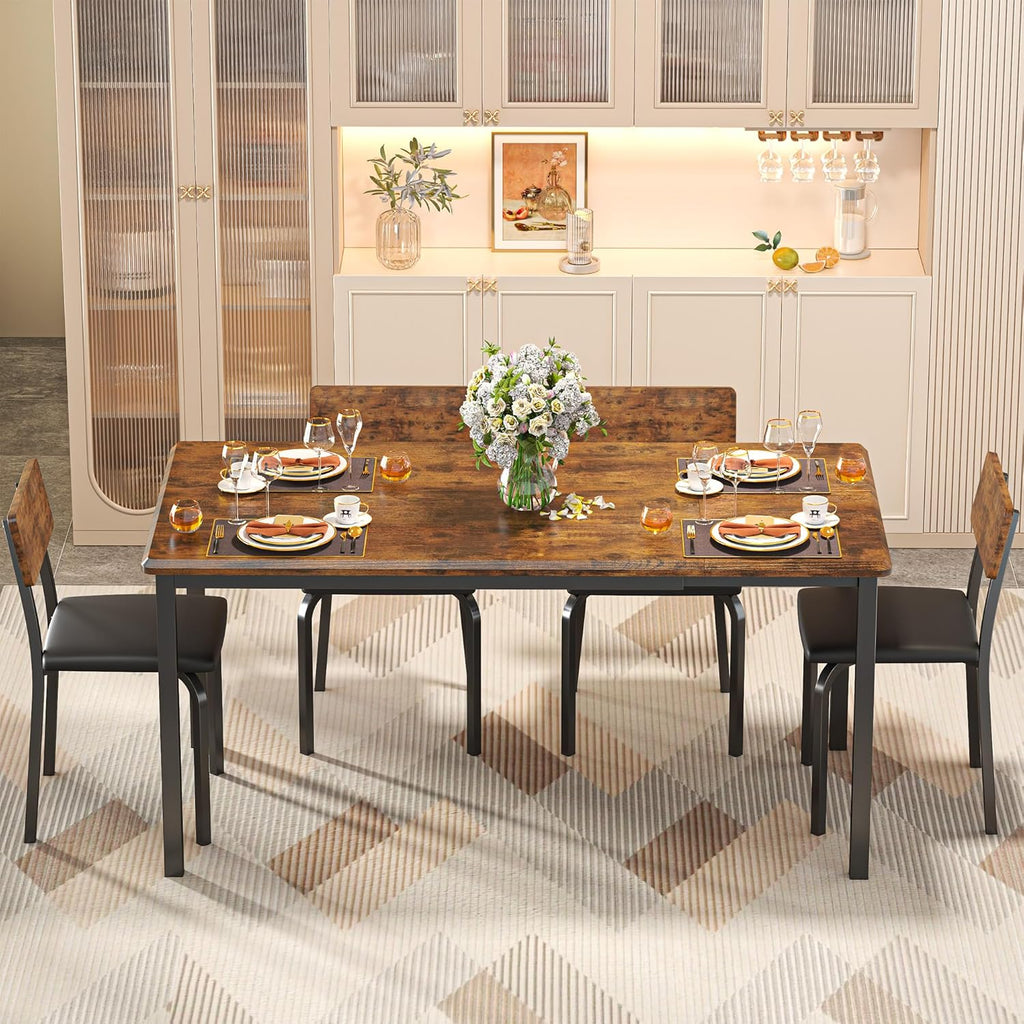 IRONCK 5-Piece 63" Extendable Dining Table with 4 Upholstered Chairs, Kitchen Table Set for 4-8 People, Dining Room Sets with MDF Wood Board, Drop Leaf Table Design for Space Saving, Rustic Brown