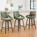 26" Swivel Counter Height Bar Stools Set of 3, Moss Green | Walnut Bentwood Back, Linen-Texture Fabric, Mid-Century Modern Style, 360° Swivel, 350 LBS Weight Capacity