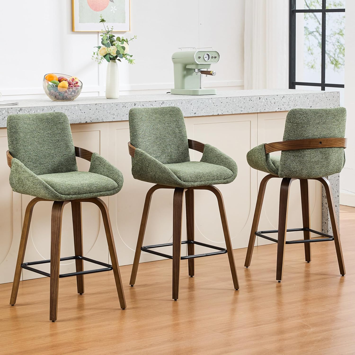 26" Swivel Counter Height Bar Stools Set of 3, Moss Green | Walnut Bentwood Back, Linen-Texture Fabric, Mid-Century Modern Style, 360° Swivel, 350 LBS Weight Capacity