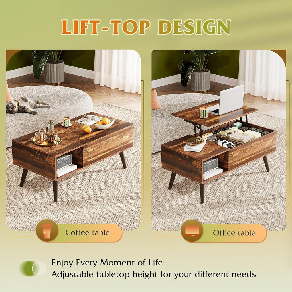 WLIVE Coffee Table with Storage & Lifting Top for Living Room, 21" Small Lift Top for Small Space Apartment, 31" Wooden Multifunctional Coffee & Dining Center Table for Home Office Work, Rustic Brown