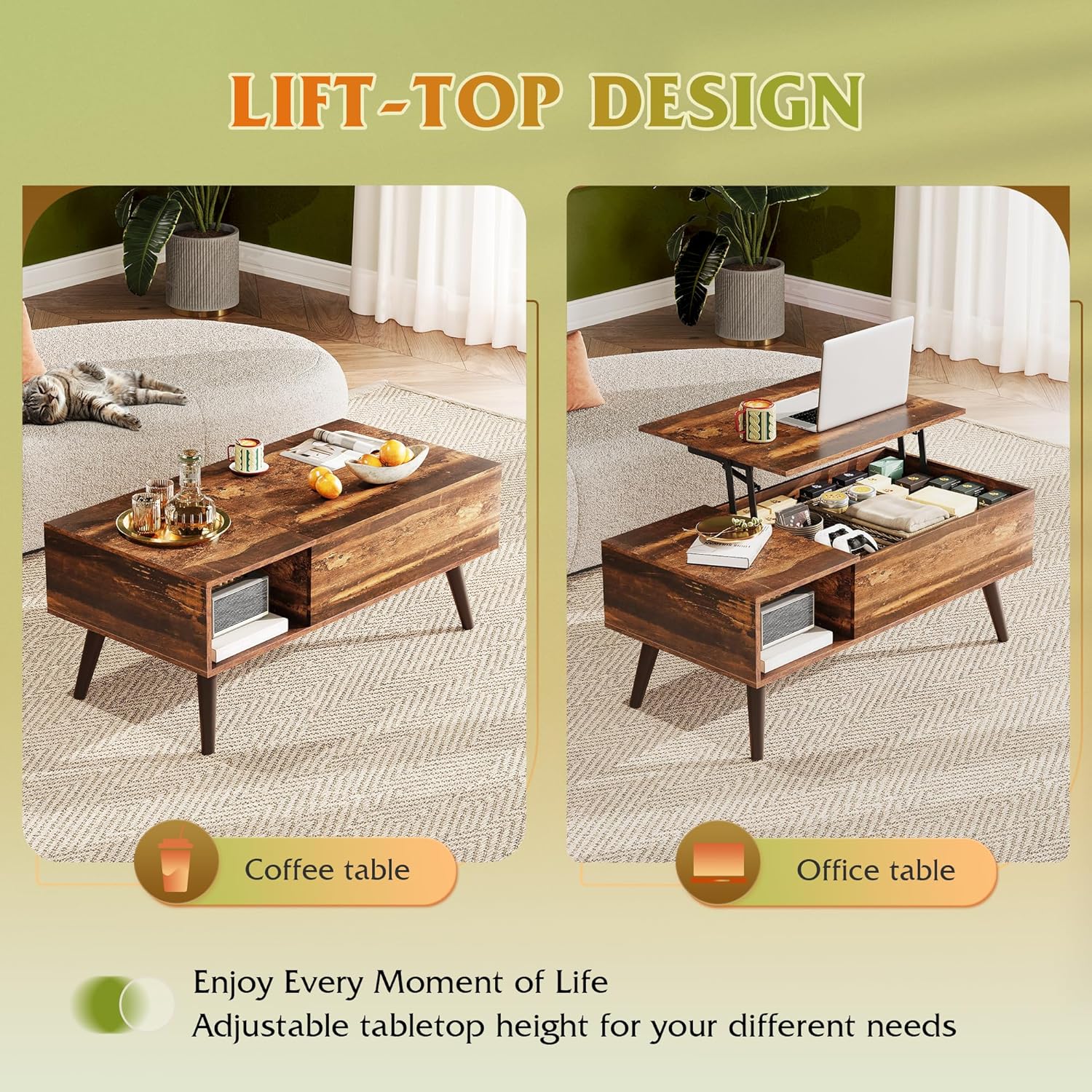 WLIVE Coffee Table with Storage & Lifting Top for Living Room, 21" Small Lift Top for Small Space Apartment, 31" Wooden Multifunctional Coffee & Dining Center Table for Home Office Work, Rustic Brown