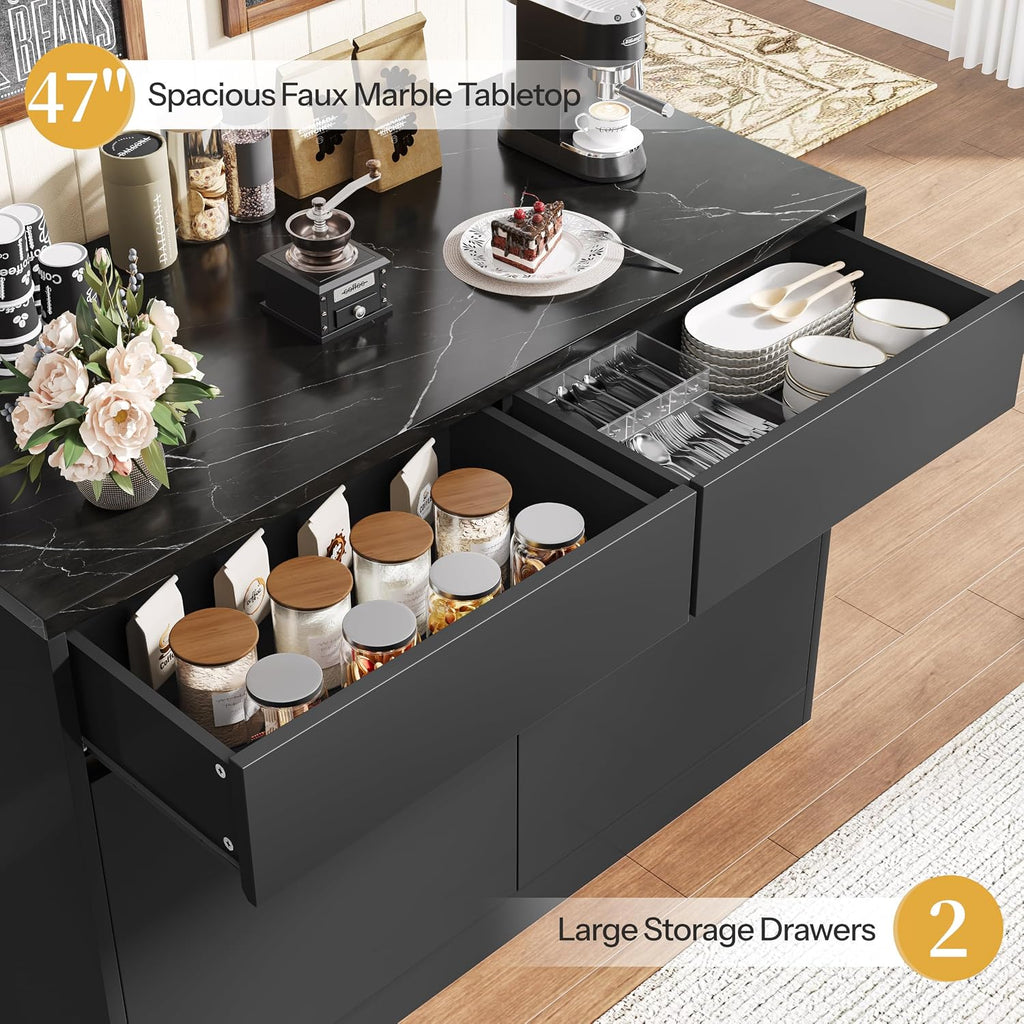 DynJest Kitchen Island with Storage, 47.2" Large Faux Marble Countertop Kitchen Island with 2 Drawers and Adjustable Shelves, Coffee Bar Station, Beveled Edge Door Cabinet, Black Tabletop + Black