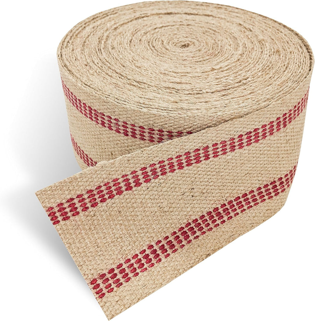 AK TRADING CO. Natural Jute Webbing (Burlap) 3.5 Inches X 72 Yards - Natural with Red Stripes for Reupholstering Couches, DIY Crafts, Bagels Boards and More