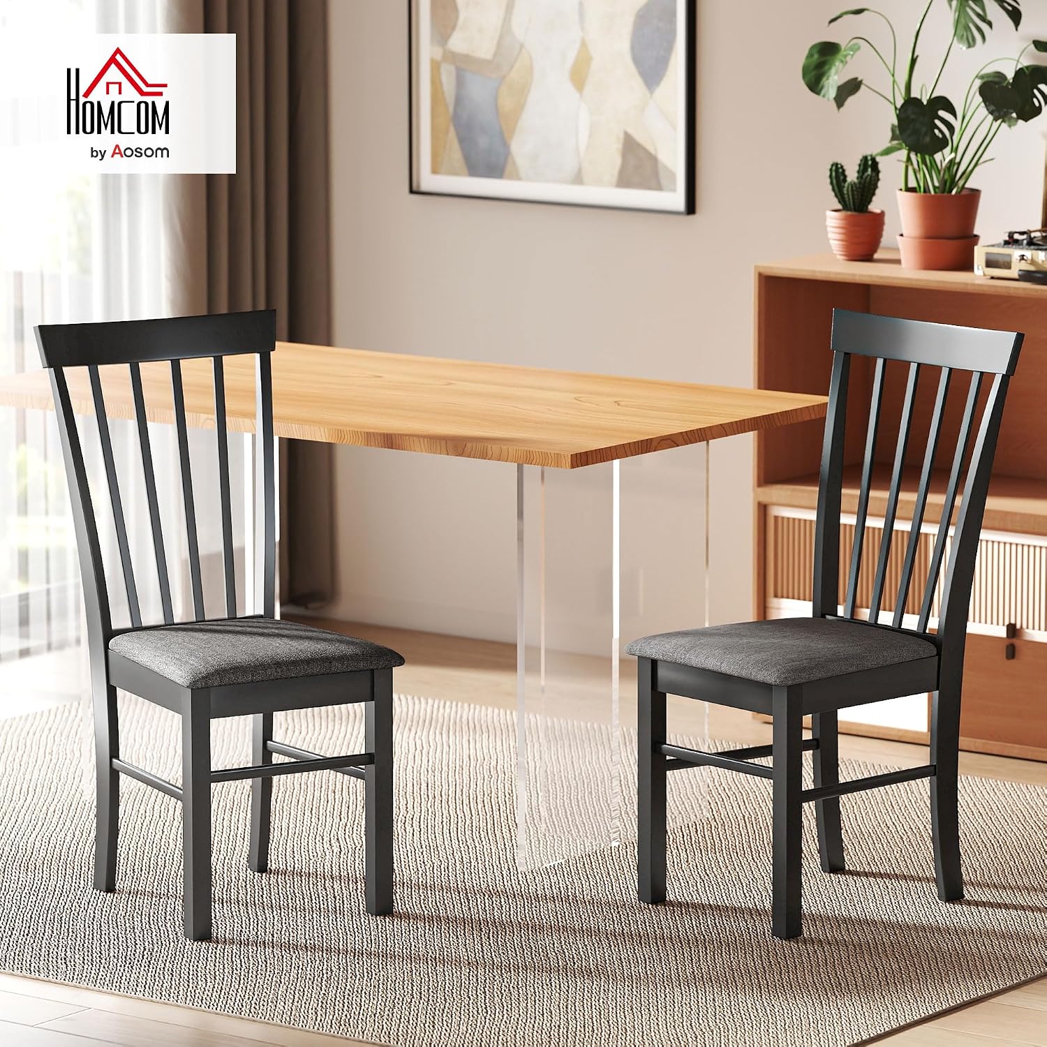 HOMCOM Wooden Dining Chairs Set of 2 Farmhouse Black and Gray | Upholstered Kitchen Chairs, Rubber Wood Frame, for Living Room, Dining Room