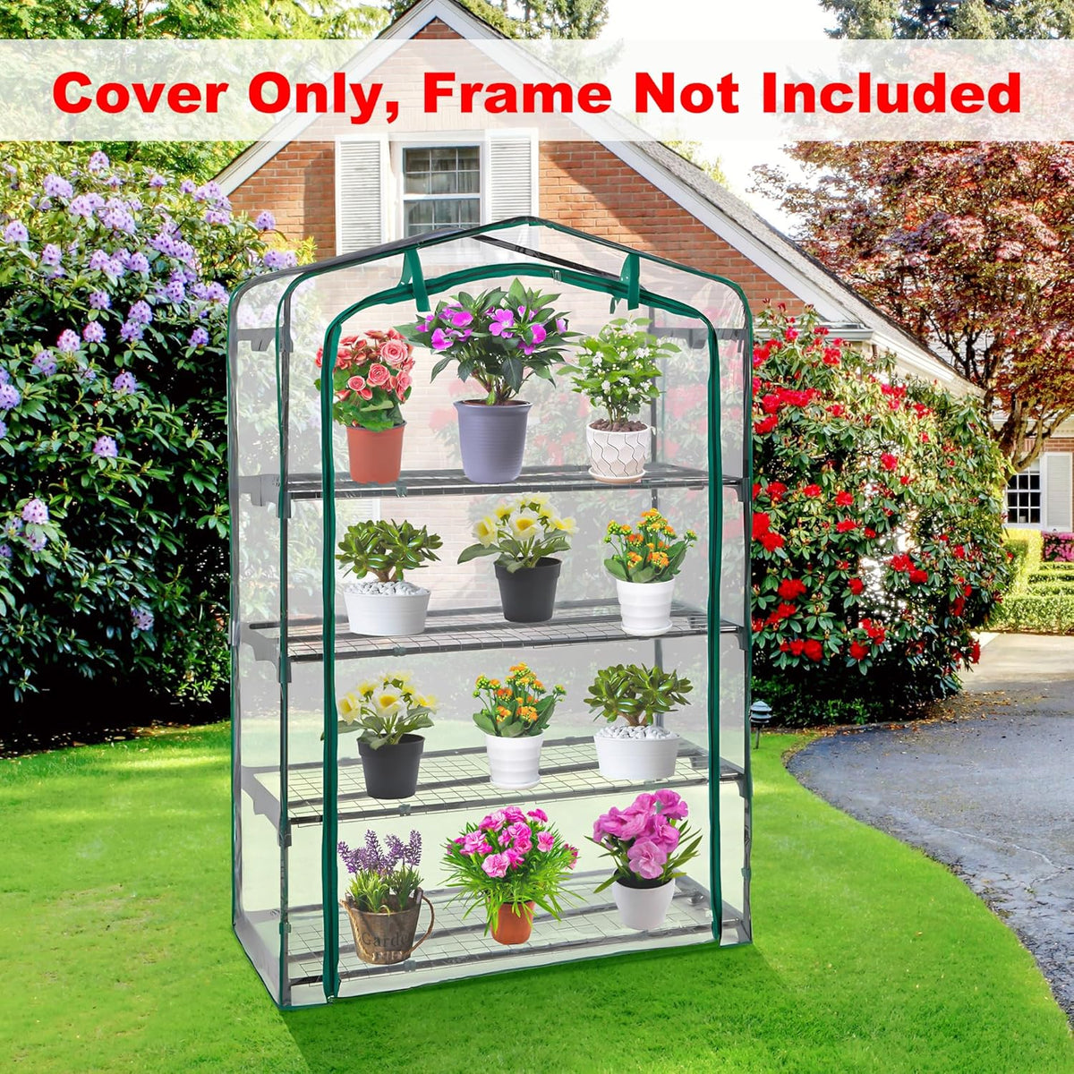 DECOHS Extra Wide 4 Tier Greenhouse Replacement Cover- 63 x 40 x 19 Inch Clear PVC Plant Gardening Greenhouse Cover with Roll-Up Zipper Door for Gardening Plants Flowers (Frame Not Include)