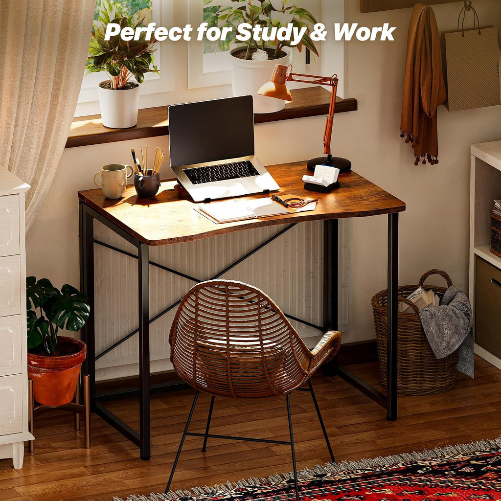 Huuger Folding Desk for Small Spaces, 31.5 Inch Foldable Computer Table | Easy Assembly, Small Writing Work Office Computer Desk, for Home Office, Study, Bedroom, Dorm, Space Saving, Rustic Brown