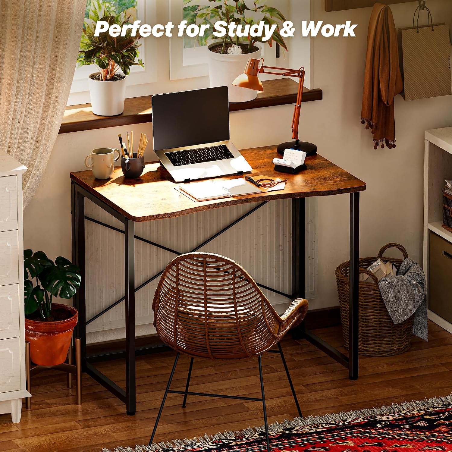 Huuger Folding Desk for Small Spaces, 31.5 Inch Foldable Computer Table | Easy Assembly, Small Writing Work Office Computer Desk, for Home Office, Study, Bedroom, Dorm, Space Saving, Rustic Brown