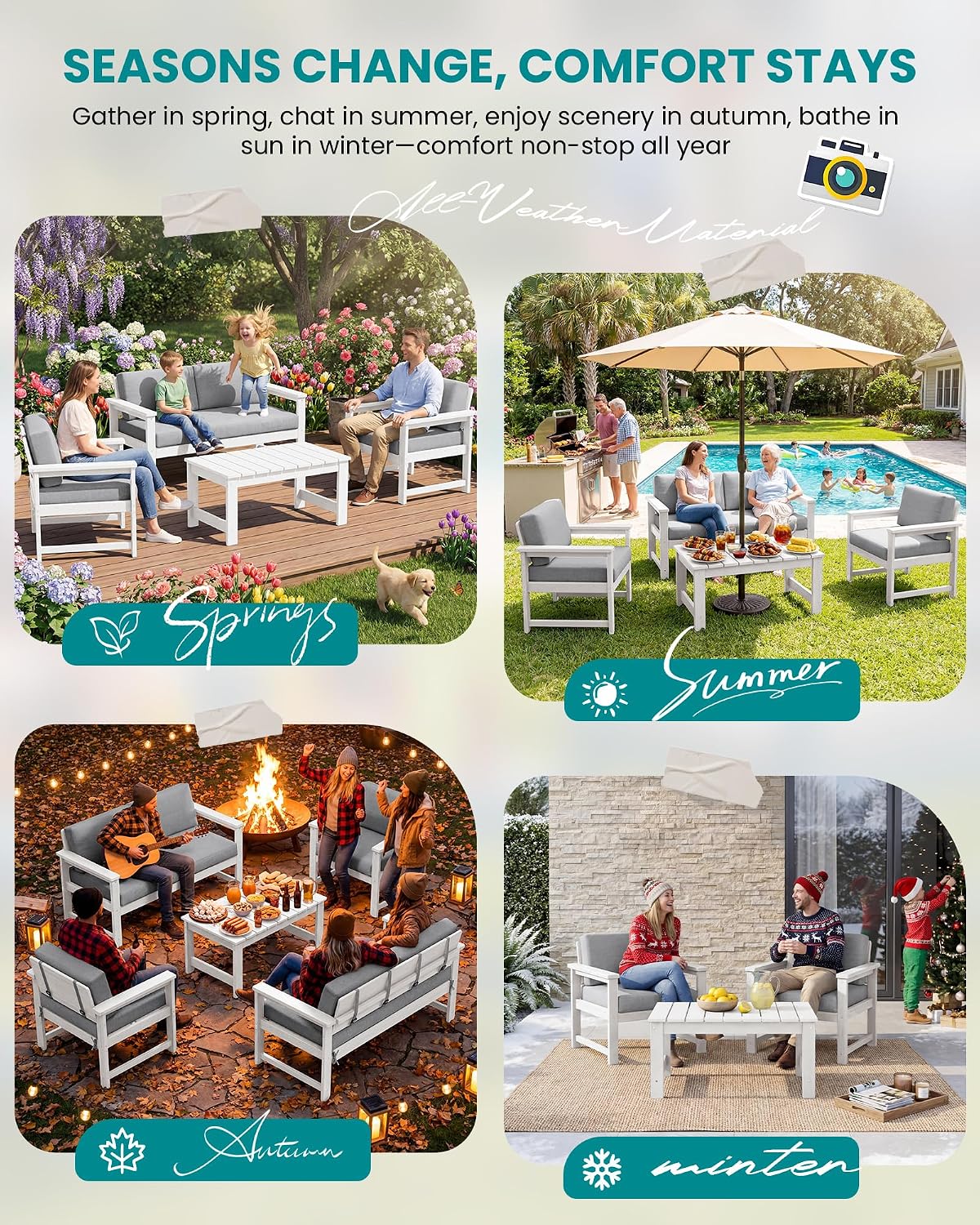 SERWALL HDPE Outdoor Loveseat with Cushions, All Weather Use Outdoor Loveseat Sofa, White Frame/Grey Cushion