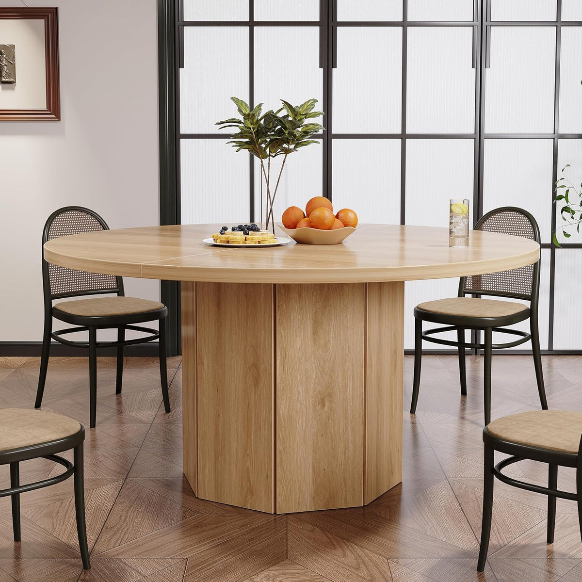 HSH 47” Round Dining Table for 4, Modern Farmhouse Wood Dinner Table with Octagon Pedestal Base, Circular Kitchen Dining Room Table for Home Apartment Living Room, Light Oak