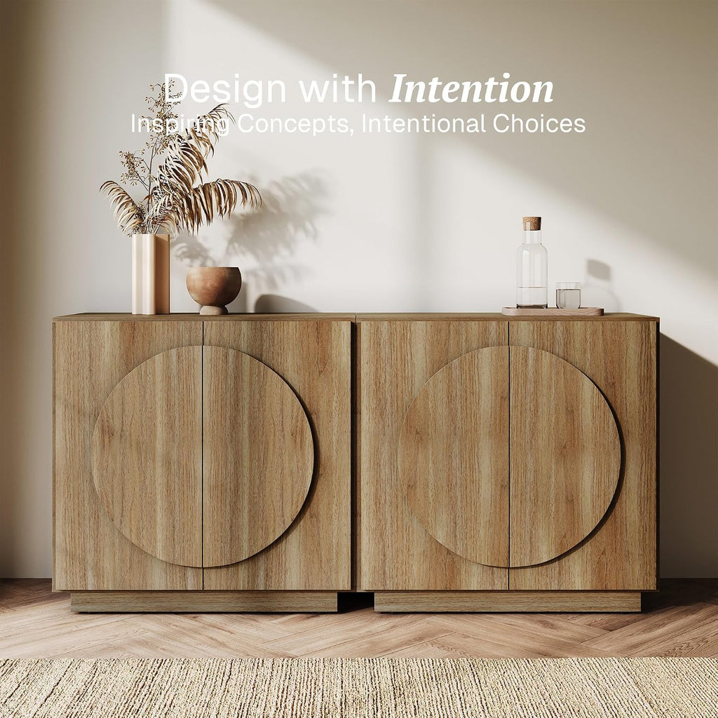BELLEZE Modular Buffet Cabinet with Storage,Mid Century Modern Arched Sideboard with Adjustable Shelf & Symmetrical Doors,Credenza for Entryway Kitchen Living Room, Set of 2 (Camel)