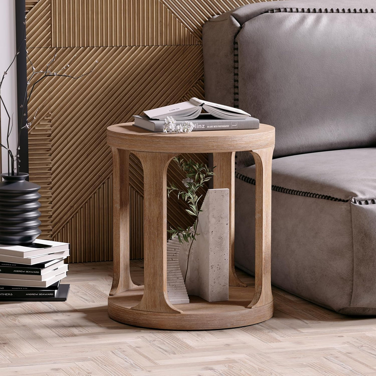 COZAYH Farmhouse Small End Table Wood Round Side Table for Small Space Rustic Pedestal Table for Living Room, Office, Couch, Distressed Wood Grey Finish