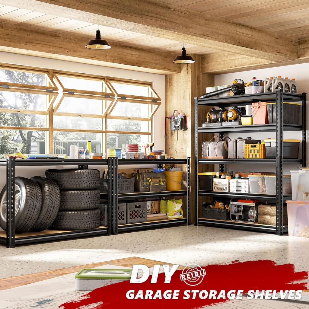 REIBII 2400LBS Storage Shelves 5 Tier Garage Shelving Heavy Duty Adjustable Garage Shelves, Utility Rack Shelf, Shelving Units for Warehouse Pantry Closet, Commercial, 35.5" W x 11.9" D x 72" H, Black