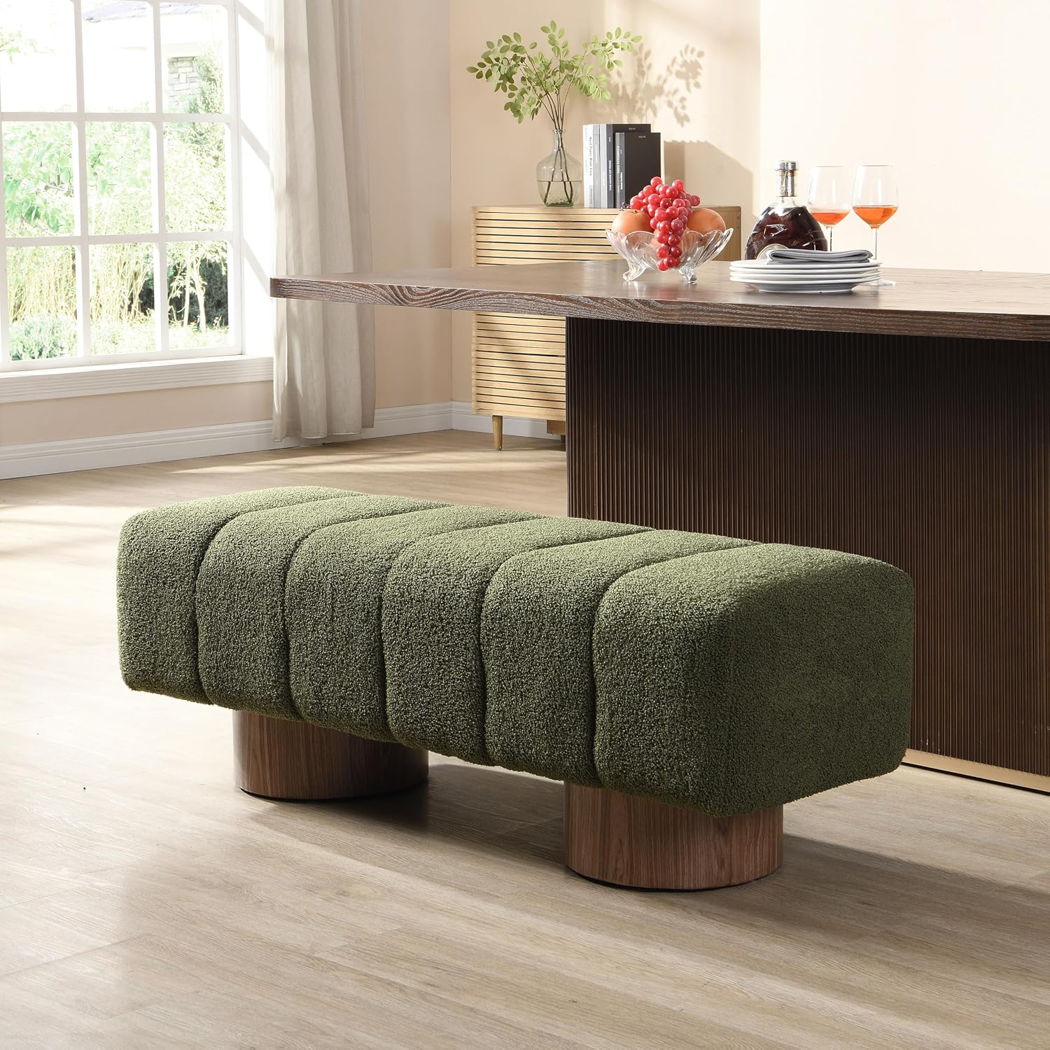 Merax 50" Green Boucle Upholstered Dining Bench Entryway Bench | No Assembly Required, End of Bed Ottoman, for Living Room Dining Room Bedroom, Floor-Friendly Feet Pads, Bear 300 LBS
