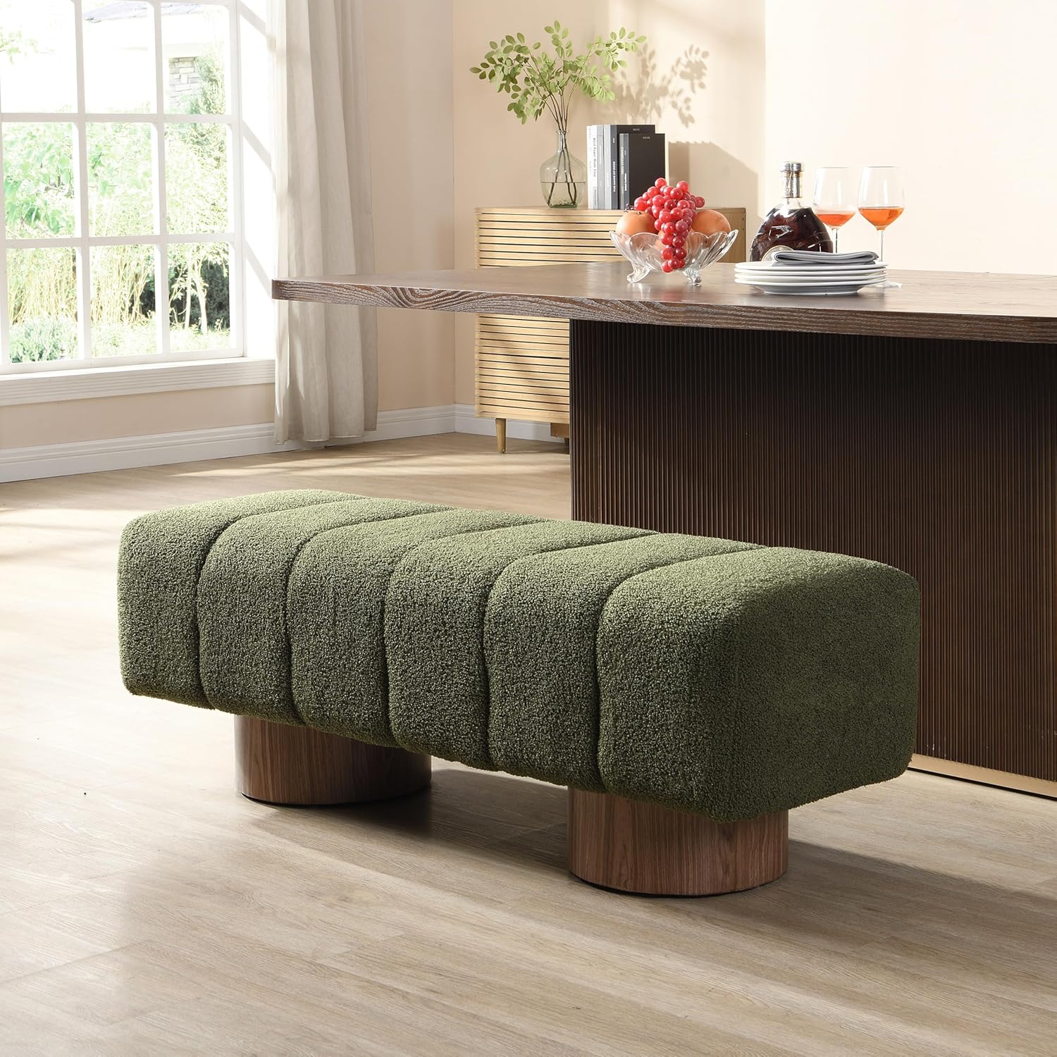 Christopher Knight Home Manila 50" Boucle Fabric Dining Bench, Rectangular Upholstery Ottoman Bench, Bedroom End of Bed Footstool, Living Room Extra Seat Footrest, No Assembly Needed, Jungle Green