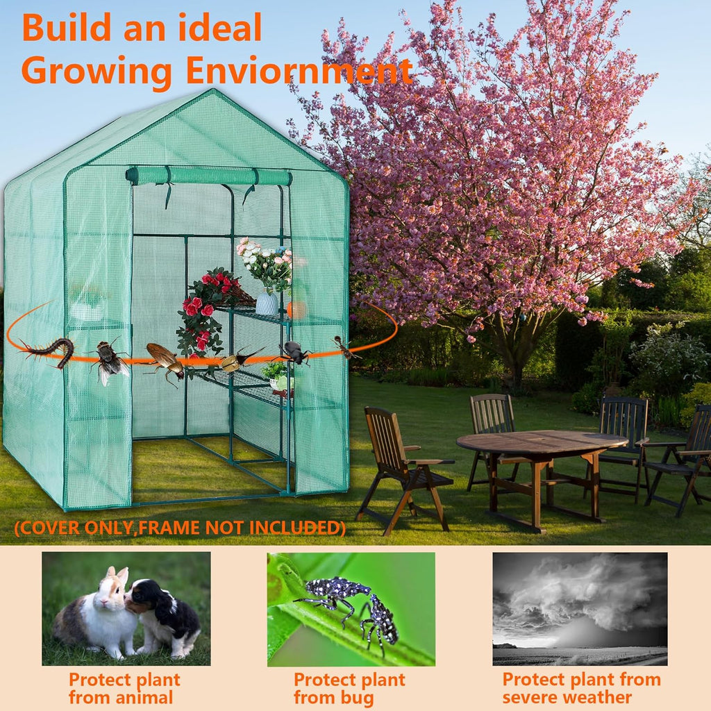 Greenhouse Replacement Cover, 56×56×76 Inch PE Walk-in Greenhouse Cover for Gardening Plants w/Roll-Up Zipper Door, Waterproof Frost Protection Wind Rain Proof, Easy Assembly (No Frames Include)