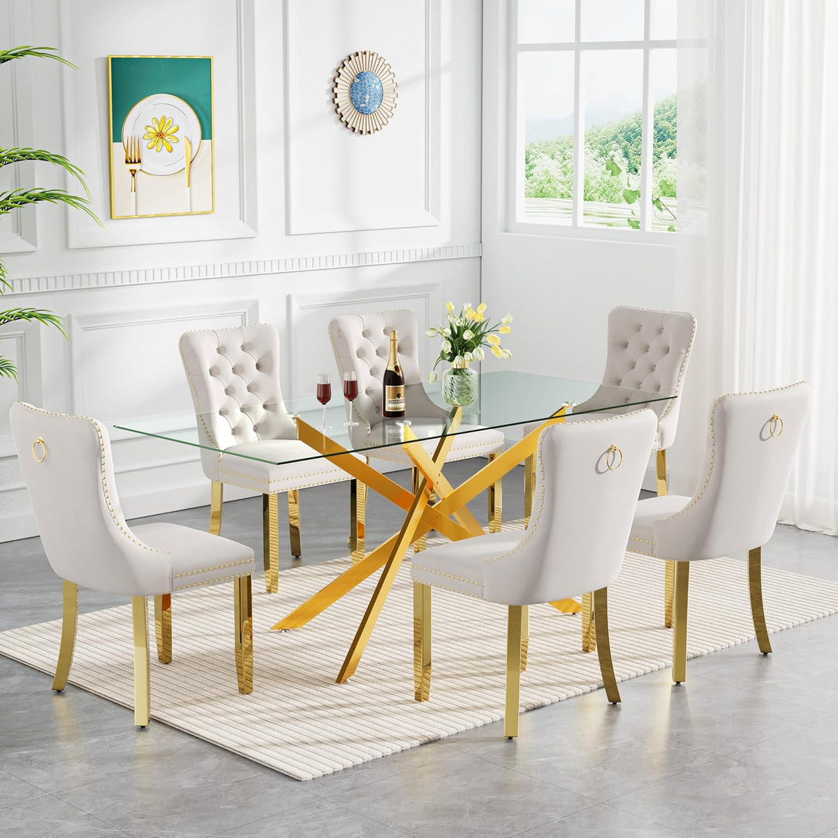 61" Glass Dining Table for 6, Modern Kitchen Dining Room Table with Rectangular Tempered Glass Top and X Metal Legs, Large Gold Glass Dinner Table for Kitchen