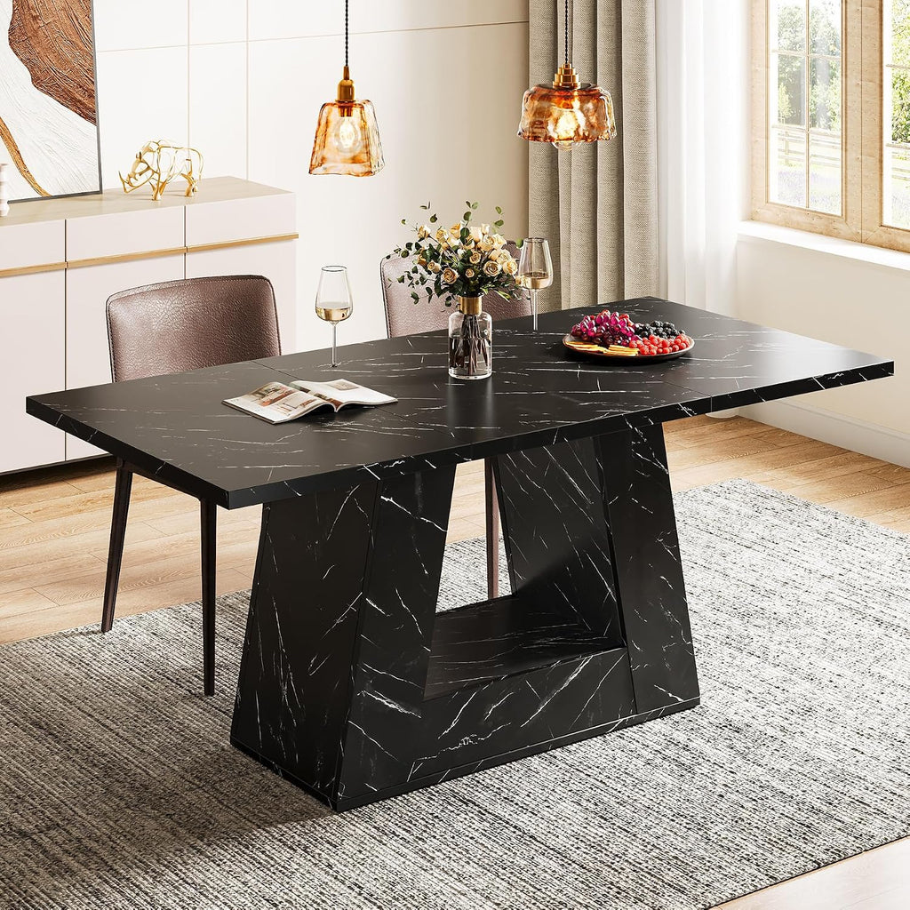 Tribesigns Dining Table for 4 to 6 People, 63" Rectangular Dining Room Table, Modern Wooden Faux Marble Dinner Table with Sturdy Base for Kitchen, Living Room, Black