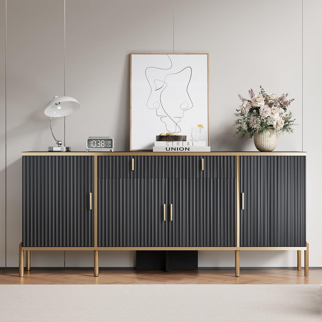 oneinmil 60” Modern Sideboard Buffet Cabinet, Fluted Storage Sideboard with Adjustable Shelves & Pop-Up Doors, Multifunctional Accent Cabinet for Kitchen, Living Room, Hallway, Black and Gold
