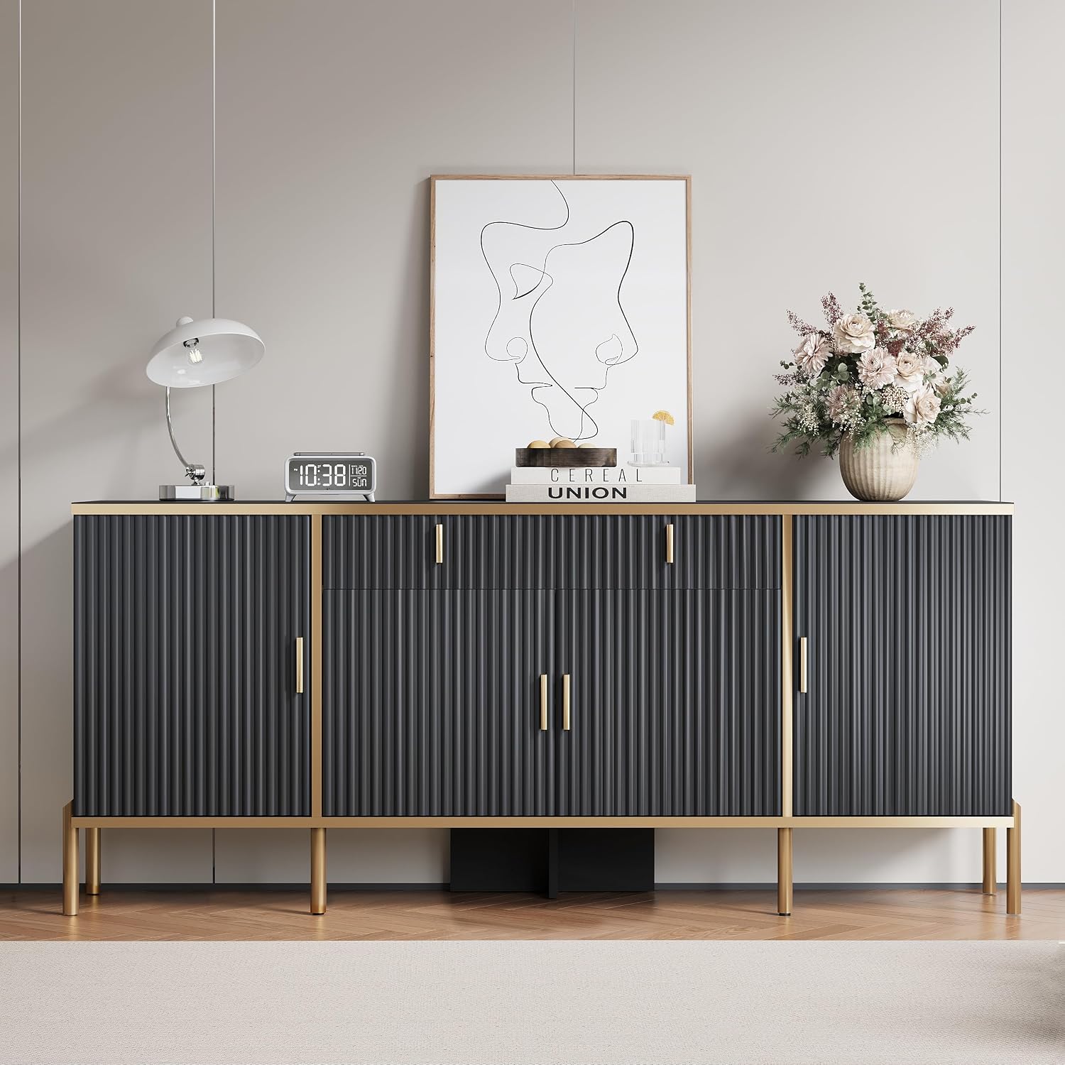 oneinmil 60” Modern Sideboard Buffet Cabinet, Fluted Storage Sideboard with Adjustable Shelves & Pop-Up Doors, Multifunctional Accent Cabinet for Kitchen, Living Room, Hallway, Black and Gold