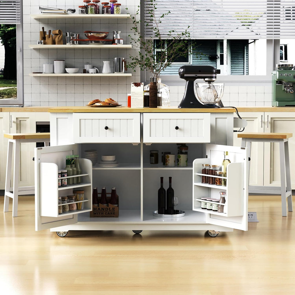 48" Kitchen Island with Drop Leaf, Power Outlet and Wheels | Drop Leaf Extension, Built-In Power Outlet, Rolling Wheels, 48 Inch Width, Kitchen Storage