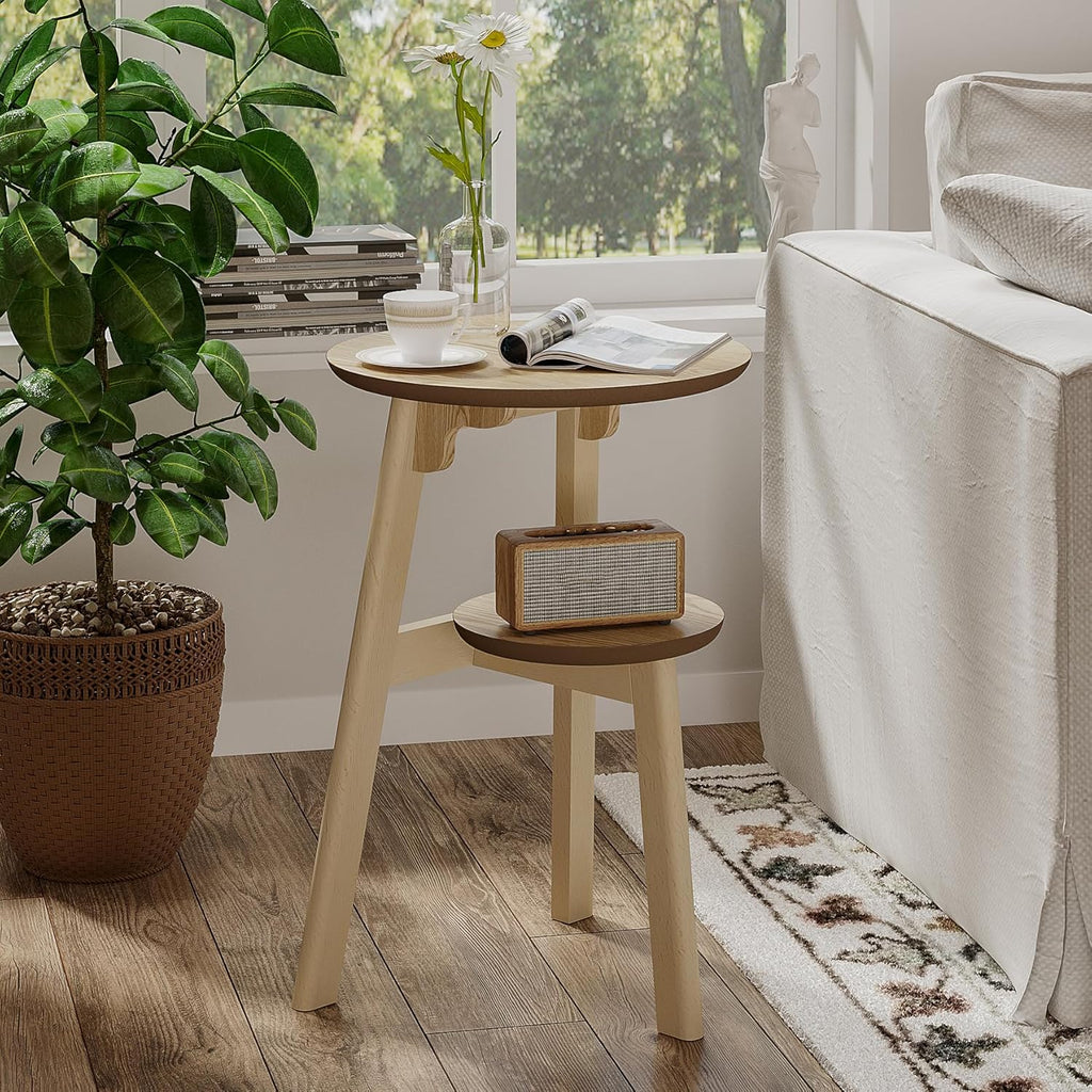 ChooChoo Round End Table for Small Spaces, Narrow Side Table, Accent Table Night Stand with 2 Tier Shelf for Bedroom and Living Room, Natural