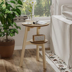 ChooChoo Round End Table for Small Spaces, Narrow Side Table, Accent Table Night Stand with 2 Tier Shelf for Bedroom and Living Room, Natural