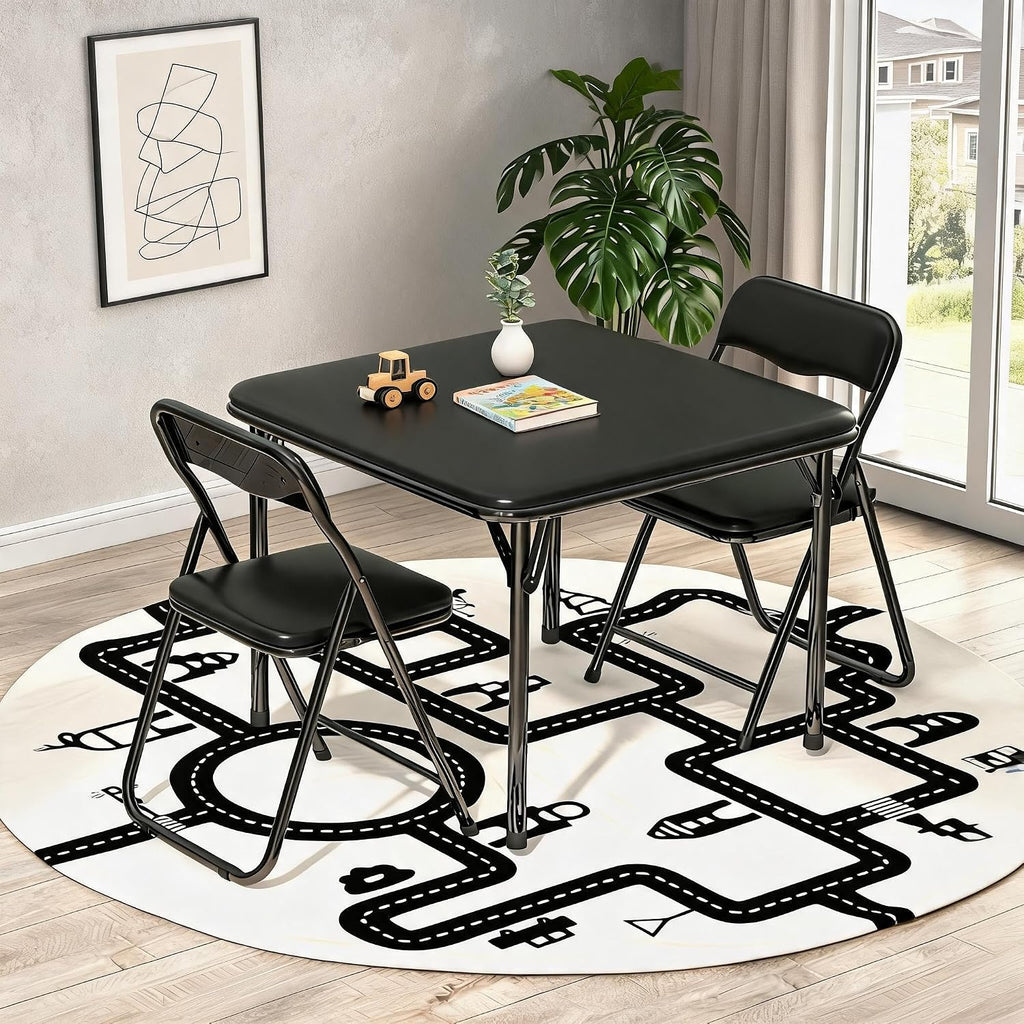 Folding Table and Chair Set of 3 Fold-Flat Design No Assembly PU Padded | 3-Piece PU Padded No Assembly PU Padded Comfort – A Perfect Space-Saving Activity Set for Kids Ages 2-8