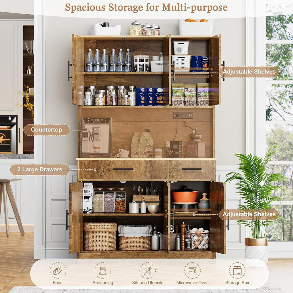 Shintenchi Pantry Cabinet with Charging Station, 70” Tall Kitchen Storage Cabinet with Microwave Stand, Storage Drawers & Adjustable Shelves, Large Capacity Kitchen Hutch for Dining Room, Brown