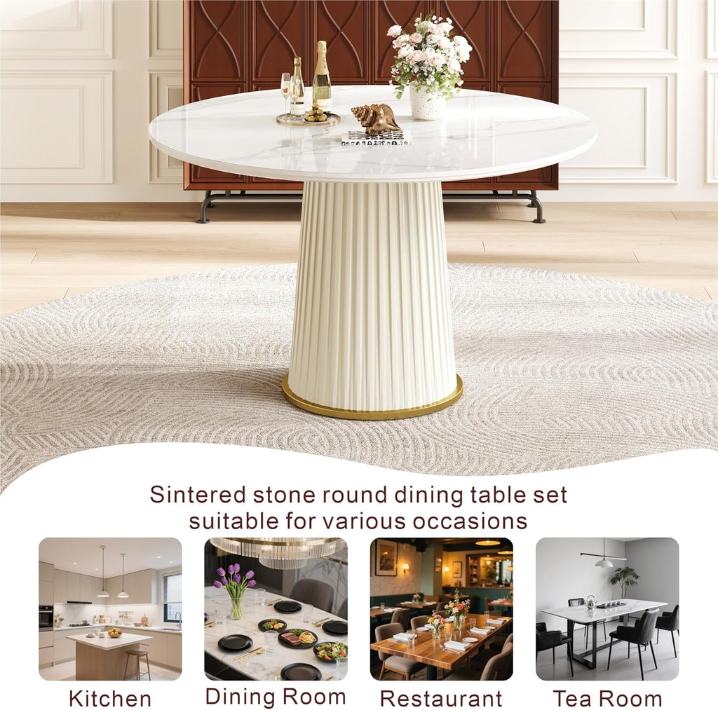 White Dining Table 43.30" Round Kitchen Table with Imitation Marble Grain Top & PU Leather Iron Pedestal,Modern Faux Marble Dinner Furniture for Kitchen Dining Room/Meeting Room