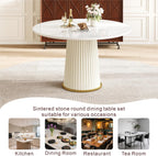 White Dining Table 43.30" Round Kitchen Table with Imitation Marble Grain Top & PU Leather Iron Pedestal,Modern Faux Marble Dinner Furniture for Kitchen Dining Room/Meeting Room