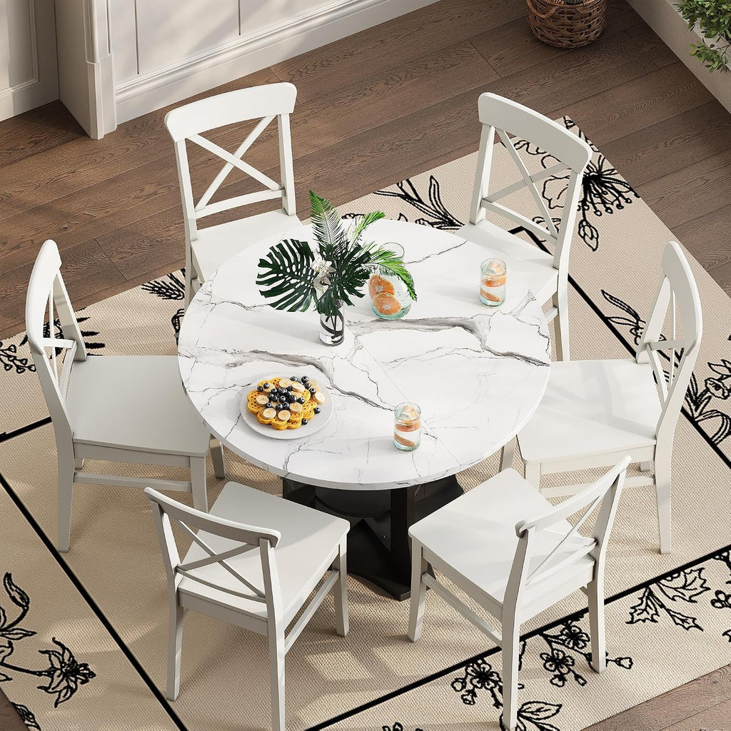 Extendable Dining Table 43"-59" for 4-6, White Faux Marble Round Kitchen Dining Room Table with 2 Tier Storage Shelves, Expandable Round to Oval Dinner Table with Storage for Kitchen Living Room