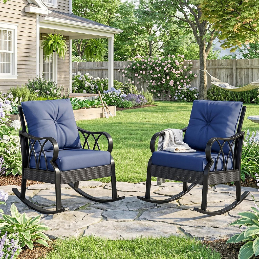Outsunny 2 Piece Outdoor Wicker Rocking Chairs with Padded Cushions, Aluminum Furniture Rattan Porch Rocker Chairs w/Armrest for Garden, Patio, and Backyard, Blue