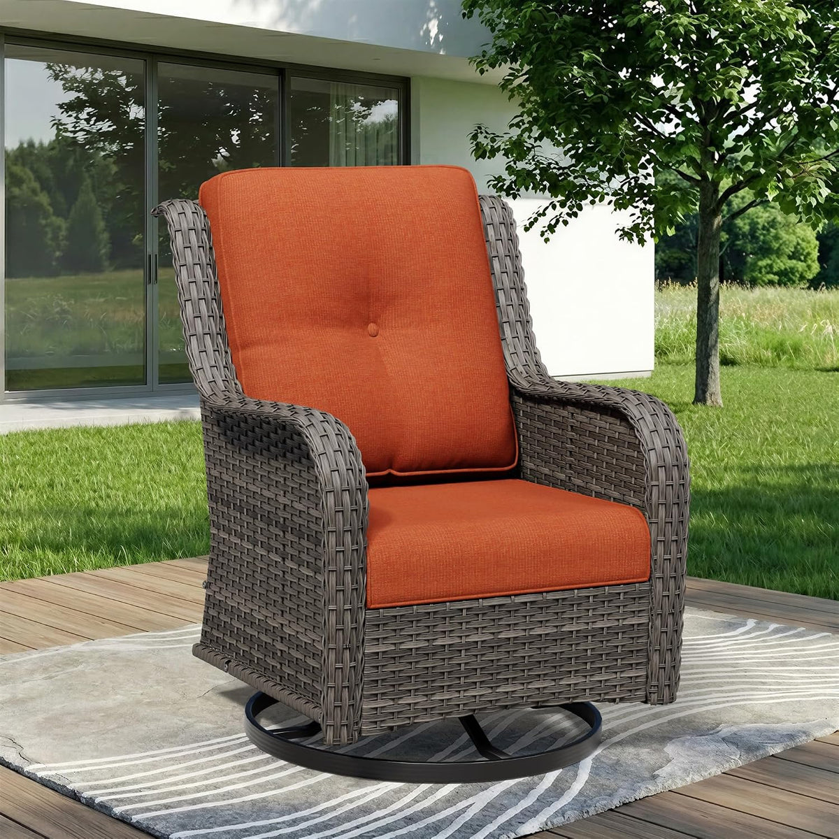 Outdoor Swivel Rocker Patio Chair - Outdoor Wicker Patio Furniture with Thickened Olefin Cushions, High Back and Deep Seating, Hand-Woven PE Rattan for Porch, Deck, Balcony, Orange
