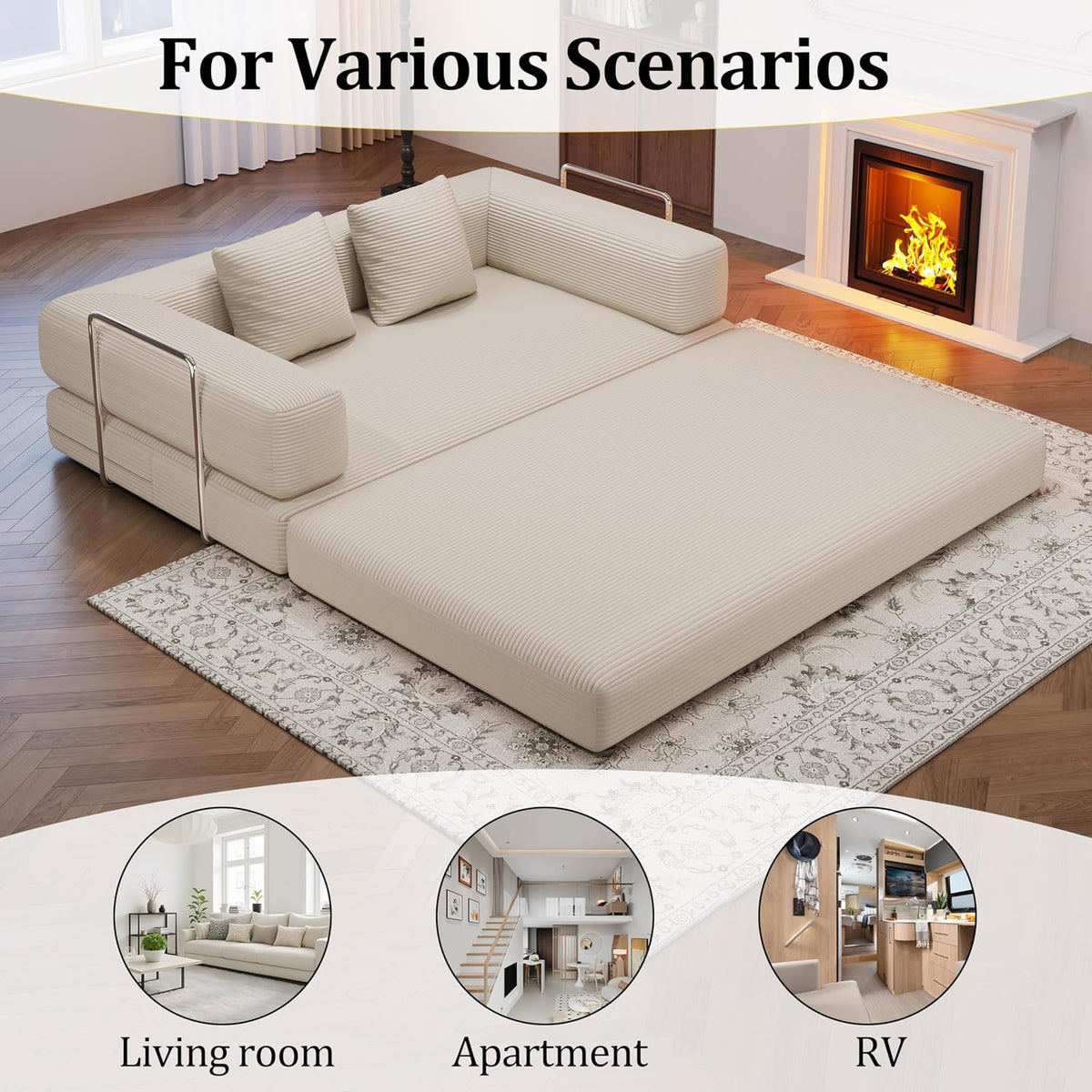59.0 Inch Convertible Sofa Bed, 4-in-1Futon Sofas Bed Pull Out Sleeper Couch, Modern Deep Seat Sofa for Living Room, Corduroy Couches for Bedroom, Apartment, No Assembly Beige, 2 Seat
