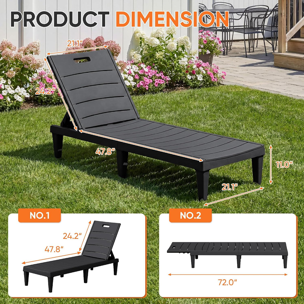 Homall Patio Chaise Lounge Chairs Set of 2, Outdoor Lightweight Lounge Chairs, 5 Position Adjustments Backrest for Outside Pool, Garden, Patio and Beach, Black