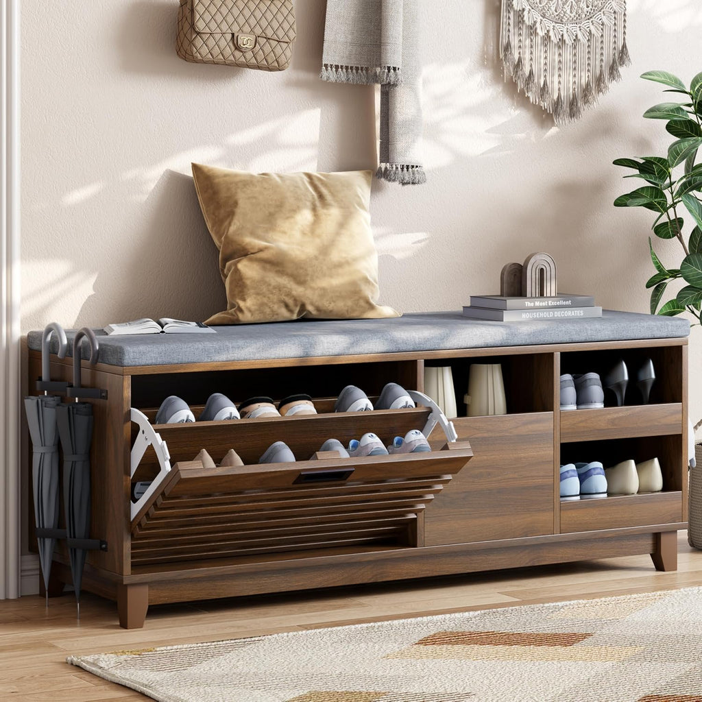 Loomie 47.2" Shoe Storage Bench with Flip Drawer, 2-Tier Entryway Bench with Padded Seat Cushion & 2 Pull-out Shelves & Semi-open storage, Shoe Rack Bench with Side Holder for Hallway,Bedroom (Walnut)