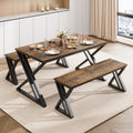 GarveeHome Kitchen Table with 2 Benches, Dining Table Set for 4, Saving Space Dining Room Table Set for Kitchen, Dining Room, Apartment, Sturdy Metal Frame, Vintage Brown