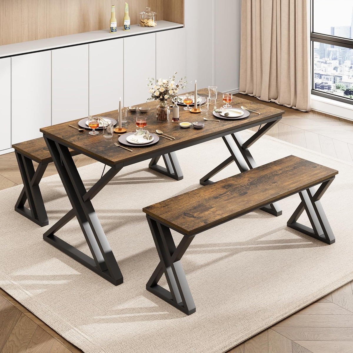 GarveeHome Kitchen Table with 2 Benches, Dining Table Set for 4, Saving Space Dining Room Table Set for Kitchen, Dining Room, Apartment, Sturdy Metal Frame, Vintage Brown