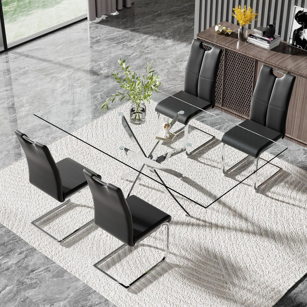 Modern 63 Inch Glass Dining Table Set for 4, 5 PCS Kitchen Table Set, Clear Tempered Glass Dinner Table with Silver Chrome Legs & Black Upholstered PU Faux Leather Dining Chairs for Home, Dining Room