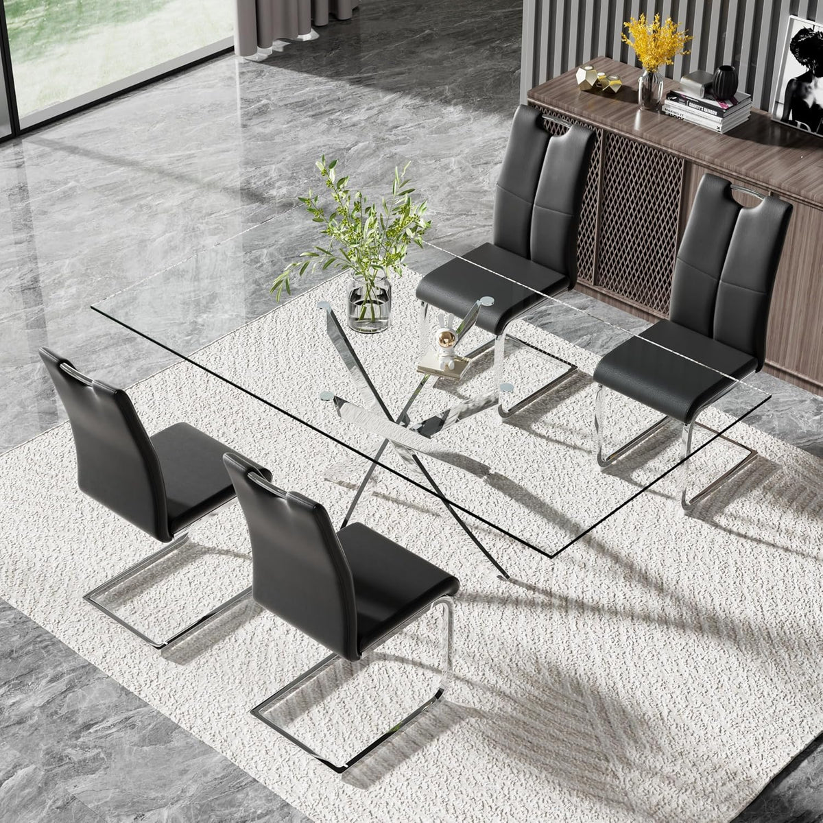 Modern 63 Inch Glass Dining Table Set for 4, 5 PCS Kitchen Table Set, Clear Tempered Glass Dinner Table with Silver Chrome Legs & Black Upholstered PU Faux Leather Dining Chairs for Home, Dining Room