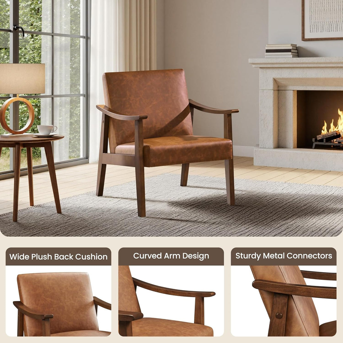 Yaheetech Accent Chair, Mid-Century Armchair with High Back Brown | Faux Leather Chair with Solid Wood Legs, Cozy Reading Leisure Chair for Living Room, Bedroom, Waiting Room