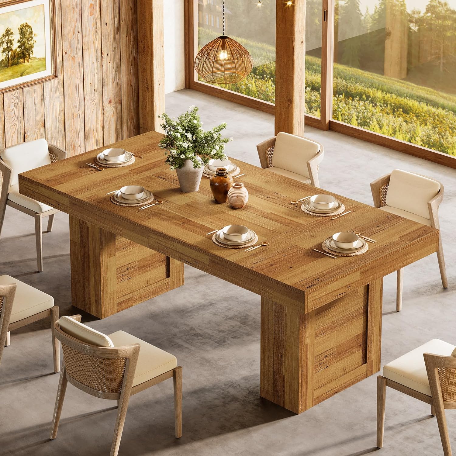 Tribesigns 63'' Farmhouse Dining Table for 6, Rectangle Wooden Kitchen Table with Heavy-Duty Legs, Rustic Large Dining Room Furniture for Family Meals, Banquets & Dinner Parties, Oak
