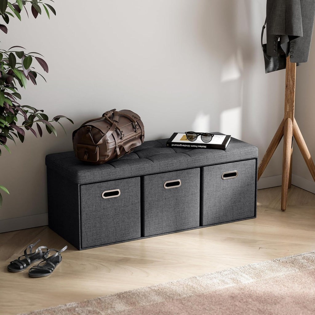 Ornavo Home 40 Inch Storage Ottoman with 3 Drawers, Tufted Linen, Black | Foldable Large Bench Design; Foot Rest Stool Seat; Ideal for Living Room, Bedroom or Entryway
